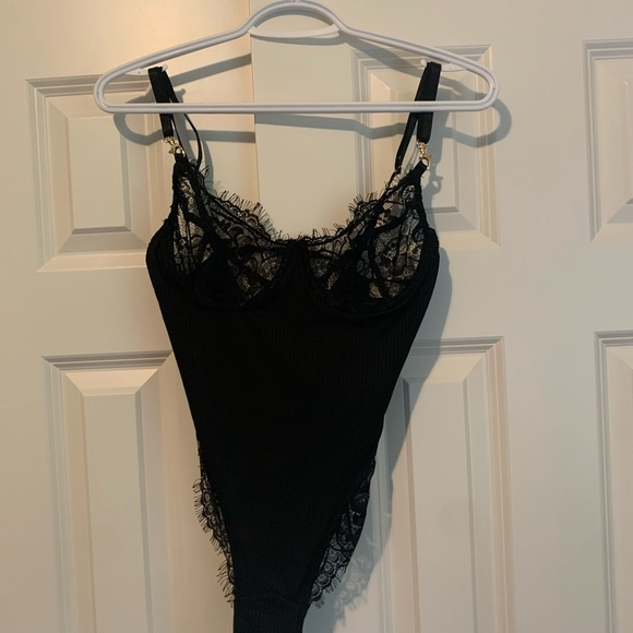 Oh Polly All Night sheer lace thong bodysuit in black. - Picture 2 of 3